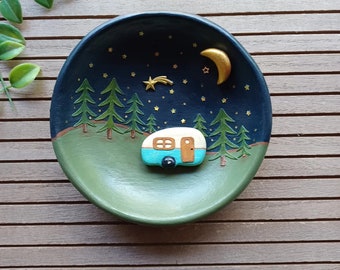 CAMPER TRINKET DISH, Handmade Dish, Camping Ring Dish, Trailer Dish, Camper Jewelry Dish, Moon Dish Tray, Moon, Camper Jewelry Dish, Craft