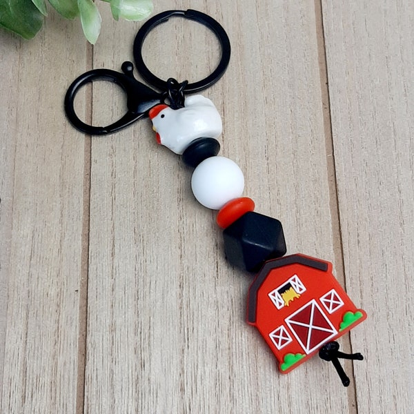 Keychain, Red Barn Keychain, Chicken Keychain, Hen Keychain, Key Chains, Silicone Beads, Car Keychain, Gift Keychain, Farm House Keychain