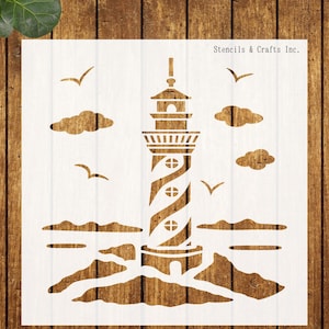 May include: A stencil featuring a lighthouse design with a spiral pattern, windows, and a beacon. The lighthouse is surrounded by clouds, birds, and waves. The text "Stencils & Crafts Inc." is visible.