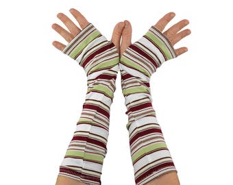 Arm Warmers in Sage White and Maroon Stripes - Cotton Fingerless Gloves - XS/S