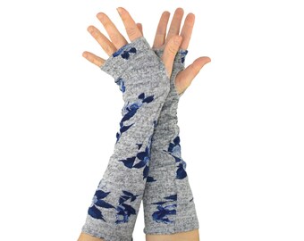 Arm Warmers in Grey with Blue Flowers - Fingerless Gloves - Sleeves