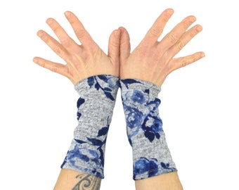 Arm Warmers Cuffs in Grey with Blue Flowers