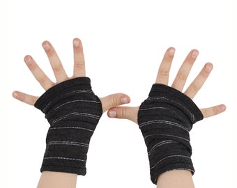 Kids Arm Warmers in Charcoal Grey and Silver Tinsel Stripes - Fingerless Gloves