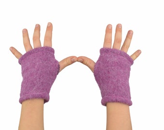 Kids Arm Warmers in Rose Pink - Angora Lambswool - Fingerless Gloves - Recycled Sweaters