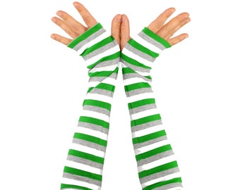 Arm Warmers in Green Leprechaun Stripes - Green Grey White - Fingerless Gloves - Sleeves