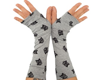 Arm Warmers in Grey with Black Owls - Rayon Fingerless Gloves