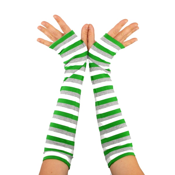 Arm Warmers in Green Leprechaun Stripes - Green Grey White - Fingerless Gloves - Sleeves