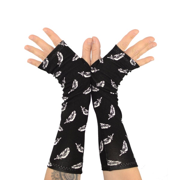 Bamboo Arm Warmers in Black with White Feathers - Eco Friendly