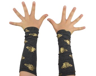 Kids Arm Warmer Cuffs in Grey with Golden Honeybees - Cotton Long Cuffs