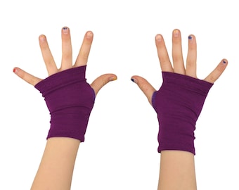 Kids Arm Warmers in Mulberry Purple - Bamboo Cotton Fingerless Gloves