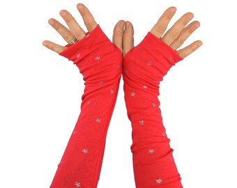 Arm Warmers in Bright Coral with Silver Stars - Fingerless Gloves