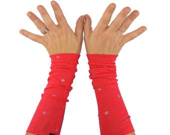 Bright Coral with Silver Stars Long Cuffs - Arm Warmers