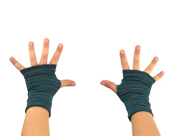 Toddler Arm Warmers in Hurricane Stripes - Teal Green and Grey Stripes - Bamboo Fingerless Gloves