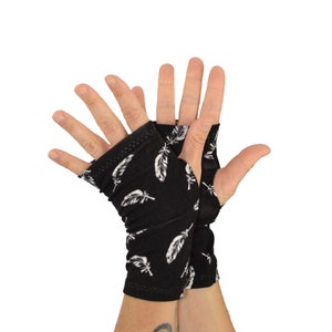 Arm Warmers in Black with White Feathers Bamboo Shortie Fingerless Gloves image 3