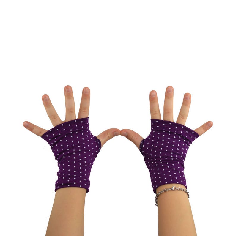 Kids Arm Warmers in Plum Polkadot Purple Bamboo Fingerless Gloves image 1