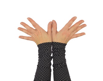 Arm Warmers in Black and White Polkadots - Long Cuffs - Fingerless Gloves - Sleeves