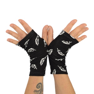 Arm Warmers in Black with White Feathers Bamboo Shortie Fingerless Gloves image 1