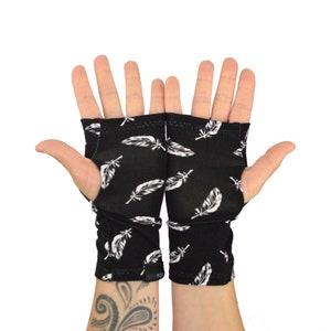 Arm Warmers in Black with White Feathers Bamboo Shortie Fingerless Gloves image 2
