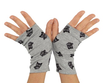 Arm Warmers in Grey with Black Owls - Rayon - Shortie Fingerless Gloves