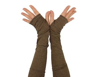 Arm Warmers in Hazelnut Brown - Organic Cotton Recycled Polyester - Long Fingerless Gloves