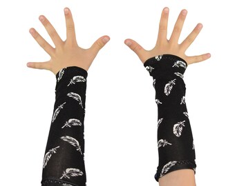 Kids Arm Warmer Cuffs in Black with White Feathers - Bamboo Long Cuffs