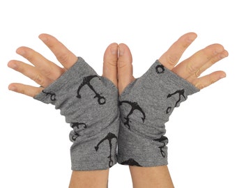 Arm Warmers in Grey with Black Anchors - French Terry - Shortie Fingerless Gloves