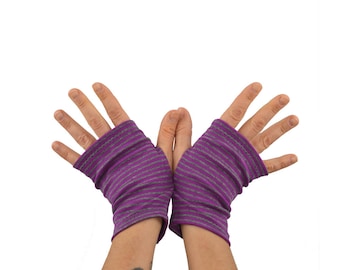 Arm Warmers in Purple and Grey Stripes - Shortie Fingerless Gloves