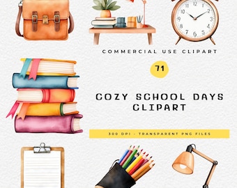 School Clipart PNG Set – Watercolor Back to School Graphics for Classroom Decor, Worksheets, Planners, and Teacher Projects