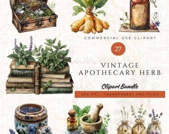 Vintage Apothecary Herb Clipart Set | 27 PNG Botanical Illustrations | Digital Scrapbooking, DIY Projects, Commercial Use, Instant Download