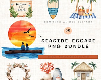 Beach Summer Clipart | Seascape Watercolor art | Coastal Landscape | Ocean Decor, Sunset Scenes, Beach House PNG | Nautical Ocean Graphics