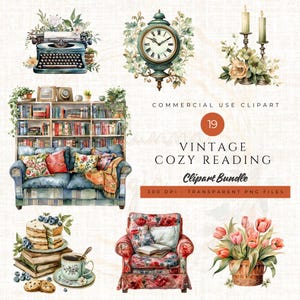 Vintage Cozy Reading Clipart | Retro Style PNG Files | Comfy Book Lover Art | Digital Download | Commercial Use Graphics