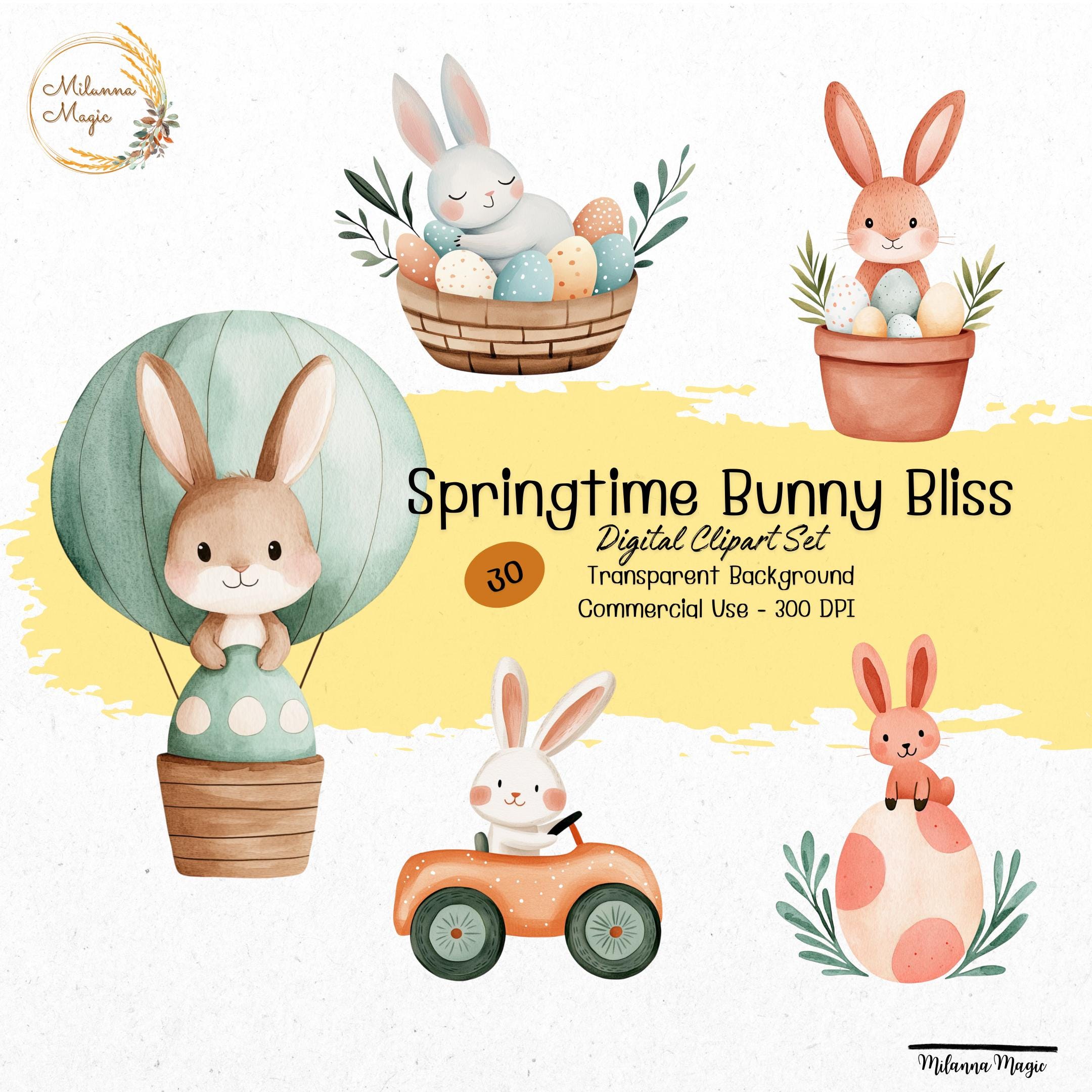 ハッピーイースターデジタルクリップアート、春うさぎPNG、パステルラビットアート、ボヘミアンイースタークリップアート、かわいいレトロな春うさぎ、風変わりなグラフィック装飾  - Etsy 日本, image size:2160x2160