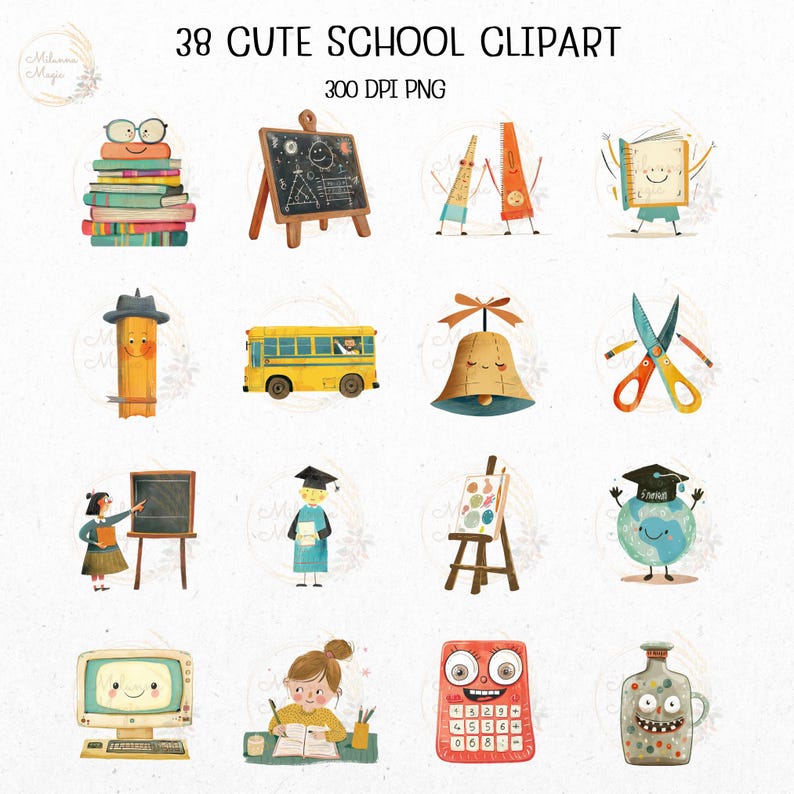 Whimsical Back to School Clipart | Quirky School Supplies | Fun ...