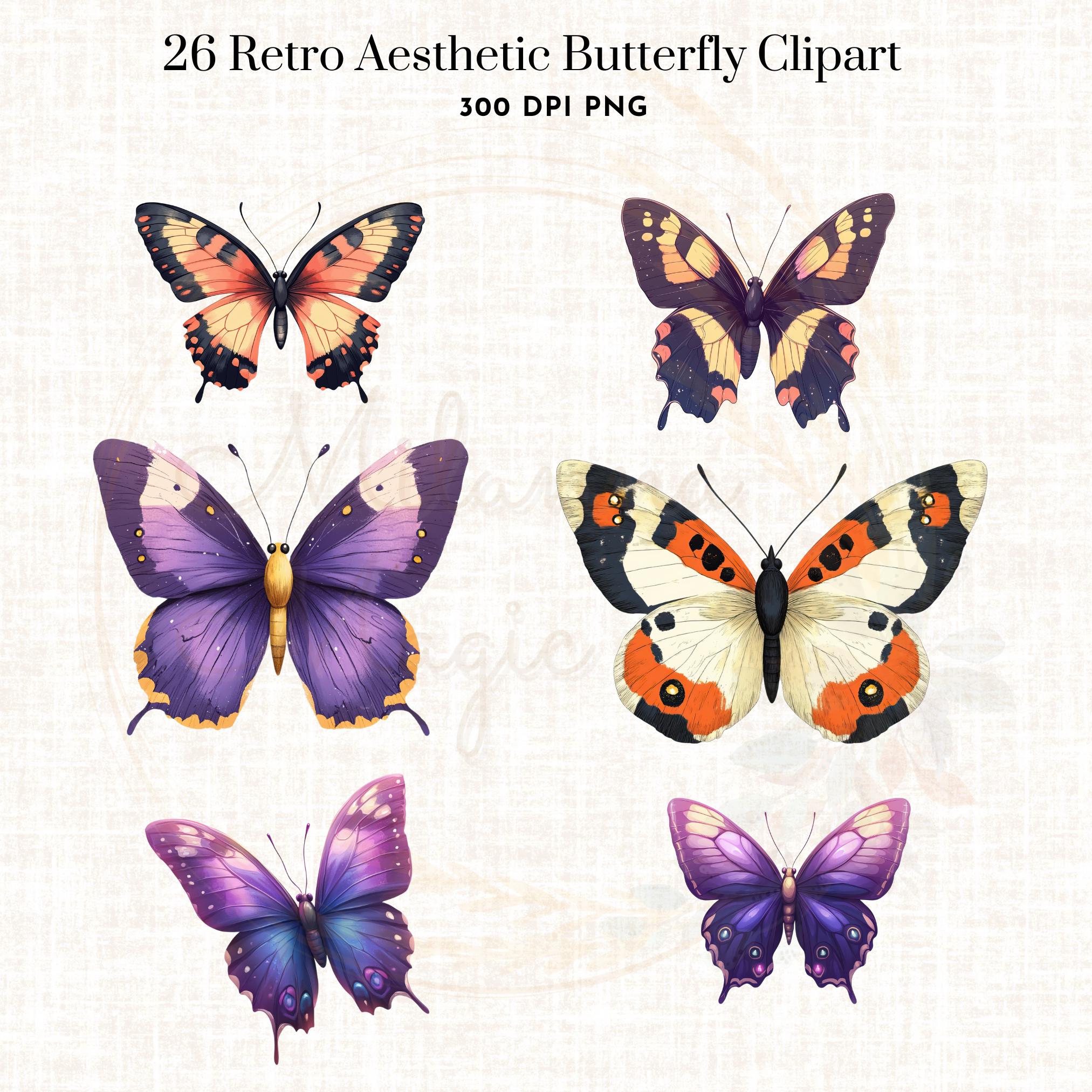 Retro Aesthetic Butterfly Clipart Bundle | Vintage Butterfly Overlays ...