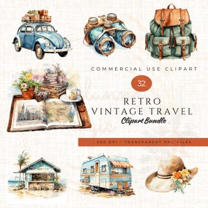 Retro Watercolor Travel Clipart Set | 32 Vintage Adventure Illustrations | Junk Journal | Vacation | Suitcase | Airplane | Instant Download