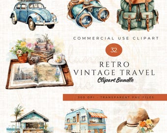 Retro Watercolor Travel Clipart Set | 32 Vintage Adventure Illustrations | Junk Journal | Vacation | Suitcase | Airplane | Instant Download