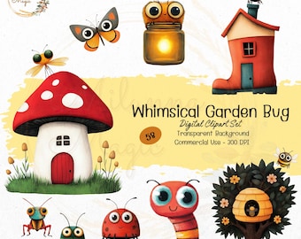 Whimsical Garden Bug Clipart | Watercolor Quirky Insect | Whimsical Insect Decor | Funny Animals PNG | Cute bug graphics | Sublimation Bugs