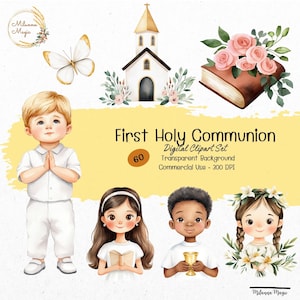 Clipart de Primera Comunión en Acuarela / Clipart Religioso / Comunión de Niñas y Niños, Cruz, Biblia, Cáliz, Corona, Flores, Gráficos de Bautismo