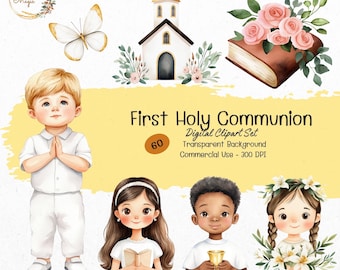 May include: Digital clipart set featuring illustrations for First Holy Communion. Includes images of children, a church, a butterfly, a book with roses, and text that reads "First Holy Communion". Transparent background, commercial use.