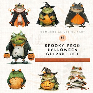 Halloween Frog Clipart Set | 18 Whimsical Frogs in Costumes PNG | Fall Animal Art, Pumpkin Clipart, Sublimation Designs, Instant Download