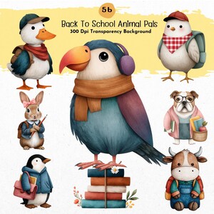 Back to School Animal Pals Clipart – Cute Watercolor Animals and School Supplies PNG for Teachers, Kids Crafts, Classroom Decor & Stickers