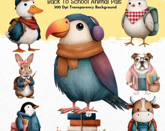 Clipart Back to School Animal Pals – schattige aquareldieren en schoolbenodigdheden, png voor leraren, knutselen, klasdecoratie en stickers