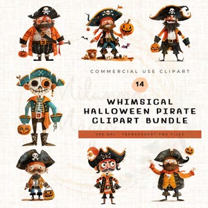 Halloween Pirate Clipart Set | 14 Whimsical Pirate PNGs | Cute Pirate Art, Pumpkin, Fall Decor, Sublimation Design, Instant Download