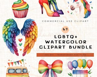 Pacchetto di clipart ad acquerello Pride / Graziosa grafica PNG LGBTQ per sublimazione, adesivi, biglietti e artigianato digitale / Arte del festival gay / Mese dell'orgoglio in formato PNG