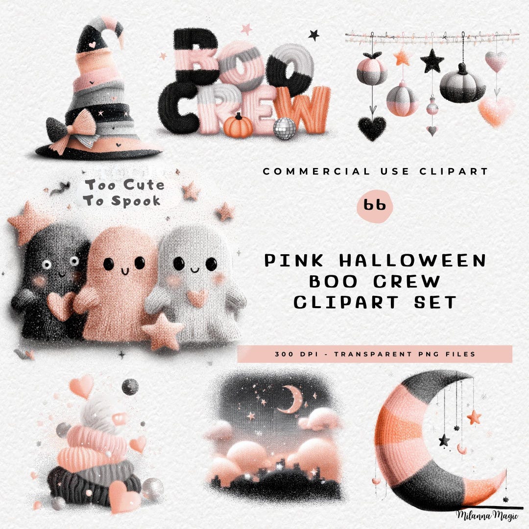 Pastel Pink Halloween Clipart PNG | Glitter Stars, Cozy Ghosts, Spooky ...