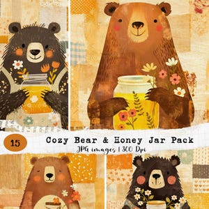 May include: A set of 15 digital illustrations featuring brown bears holding honey jars with flowers. The bears are depicted in a cozy, rustic style with a patchwork background.