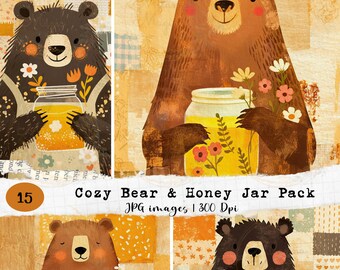 Vintage Patchwork Bear Clipart, Honey Jar Bear Illustration, Cozy Cottagecore Bear Digital Paper, Rustic Bear Art, Junk Journal Ephemera JPG