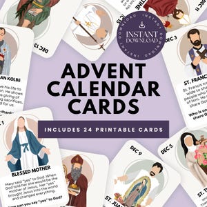 Adventskalender afdrukbare kaarten, adventsgebedskaarten, adventsactiviteit voor kinderen, adventskaarten voor kinderen, afdrukbare adventskaarten katholieke heilige,