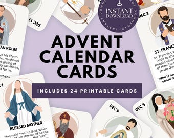 Advent Calendar Printable Cards, Advent Prayer Cards, Advent Activity For Kids, Kids Advent Cards, Advent Printable Catholic Saint Cards,