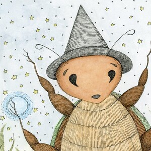 May include: A charming illustration of a beetle wizard wearing a grey hat and holding a wand, set against a starry sky and grassy ground with mushrooms. The beetle has a tan body and brown limbs.